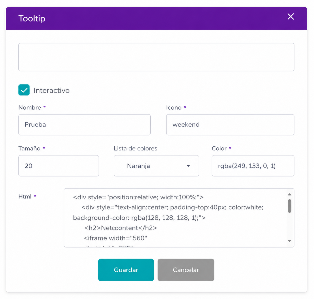 Interactive tooltip settings in Netcontent